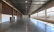 © Generative AI - Large Empty Warehouse Interior with Concrete Floor Metal Roof and Natural Light Streaming Through Windows : Generative AI