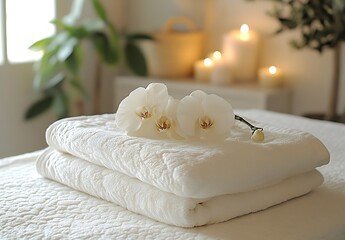 Aufkleber - Serene Spa Scene with White Orchids on Towels and Soft Candlelight Relaxation and Wellness Theme : Generative AI