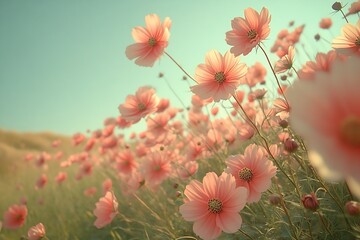 Aufkleber - Field of Pink Cosmos Flowers in Bloom Gentle Sunlight and Breezy Feel Floral Beauty and Springtime Vibes : Generative AI
