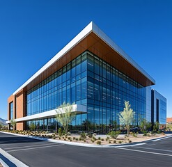 Aufkleber - Modern Office Building Exterior Sleek Architecture with Glass Facade and Landscaping under a Clear Blue Sky : Generative AI