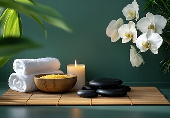 Poster - Serene Spa Still Life with Orchid Towels Stones and Bamboo Mat for Relaxation and Wellness Ambience : Generative AI