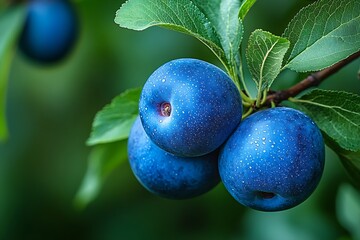 Poster - Close up of Ripe Blue Plums on a Branch with Green Leaves Fresh Fruit Healthy Eating Summer Harvest Natural Light and Organic Food : Generative AI