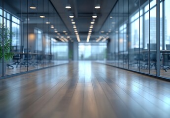Fototapete - Modern Office Interior with Glass Walls and Wood Floors Empty Workspace Clean and Minimalistic Design Corporate Space : Generative AI