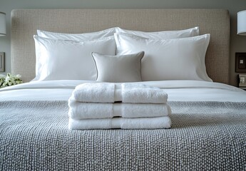 Poster - Luxury Hotel Bed with Fresh White Linens and Fluffy Towels  Relaxing Vacation Getaway : Generative AI