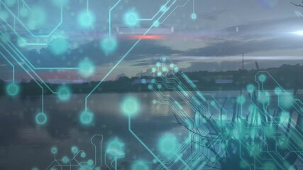 Poster - Digital circuit animation overlaying serene lake landscape during dusk time