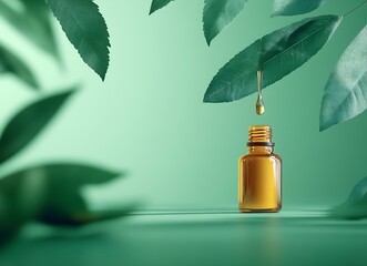 Poster - Aromatherapy Oil Bottle with Leaf Drip for Essential Oil Natural Medicine and Beauty Product Concept : Generative AI