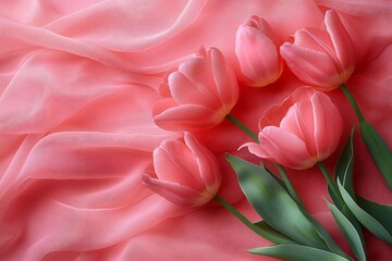 Poster - Delicate Pink Tulips on Soft Silk Fabric Floral Still Life Spring Blossom Beauty Romance Elegant Floral Background : Generative AI
