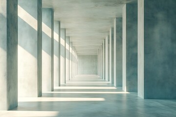 Fototapete - Dramatic Concrete Hallway with Columns and Sunlight A Striking Architectural Perspective with Light and Shadow Play : Generative AI