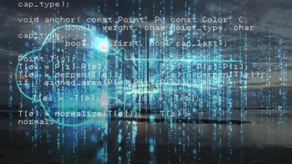 Poster - Digital code and data processing animation over abstract blue light patterns