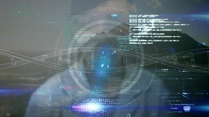 Poster - Coding and data processing in animation over futuristic cityscape backdrop