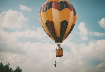 Wall Mural - balloon kid air cheerful hot sky travel float enjoy adventure happy concept children background basket childhood pilot airship baby girl hat flight blue fantasy amazed adorable excited fun freedom