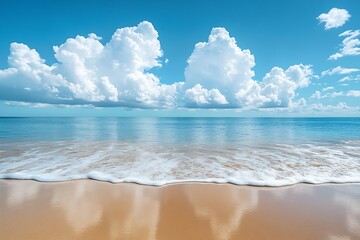 Poster - Tropical Beach Paradise Calm Ocean Water Golden Sand and Fluffy White Clouds under a Clear Blue Sky for Vacation Getaway : Generative AI