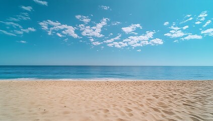 Fototapete - Serene Beach Landscape with Blue Sky Azure Water and Golden Sand Perfect for Summer Vacation and Relaxation Getaways : Generative AI