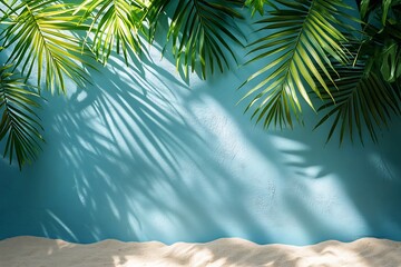 Aufkleber - Tropical Palm Leaves on a Light Blue Wall with Sand Accents Evoking Summer Vacation and Beach Vibes : Generative AI