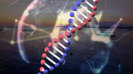 Poster - DNA strand and digital globe animation over ocean landscape at sunset