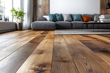 Poster - Cozy Living Room Interior with Wooden Floors Gray Couch and Natural Light Home Decor and Modern Design for Relaxation : Generative AI