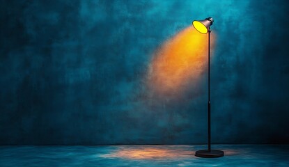 Aufkleber - Vivid floor lamp shedding orange light against a solid blue wall creating a striking artistic effect : Generative AI