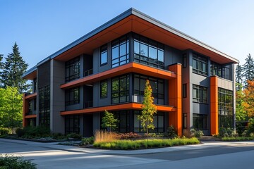 Poster - Modern Office Building Exterior with Sleek Design and Green Landscaping against Blue Sky and Lush Greenery : Generative AI
