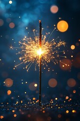 Poster - Sparkling Sparkler Glows Against a Dark Blue Bokeh Background Festive Celebration Happy New Year Party Light : Generative AI