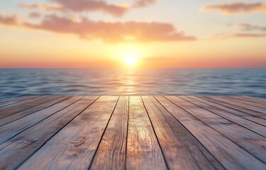 Poster - Beautiful sunset captured from a gorgeous wooden deck with shimmering ocean below and clouds above : Generative AI