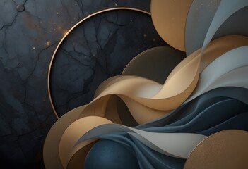 Poster - Golden Circles Abstract Art, Beautiful Flowing Shapes, Modern Design. Dark Background Abstract Texture Creates Depth And Contrast. Artistic Composition Evokes Fluidity. Sophisticated Visuals.