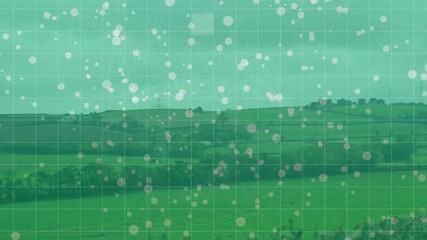 Poster - Green landscape with grid and floating white circles animation overlay