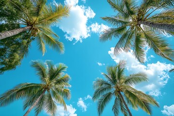 Aufkleber - Palm Trees Against Blue Sky with Clouds Tropical Paradise Background for Vacation Summer and Travel Concepts Low Angle Shot : Generative AI