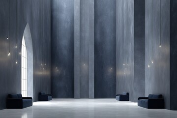 Poster - Spacious modern interior with high ceilings and minimalist design featuring elegant lighting