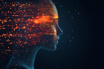 Leinwandbilder - Futuristic AI Face Visualization with Data Stream and Technological Elements on Dark Background : Generative AI