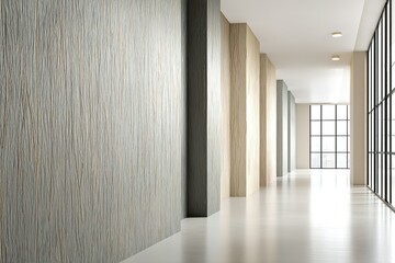 Poster - Bright modern hallway showcasing textured wall designs and large windows with natural light in a contemporary building
