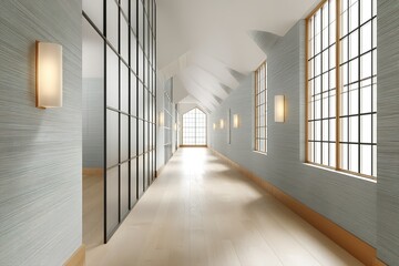 Poster - Modern hallway design featuring large windows, natural light, and contemporary lighting fixtures in a minimalist interior space