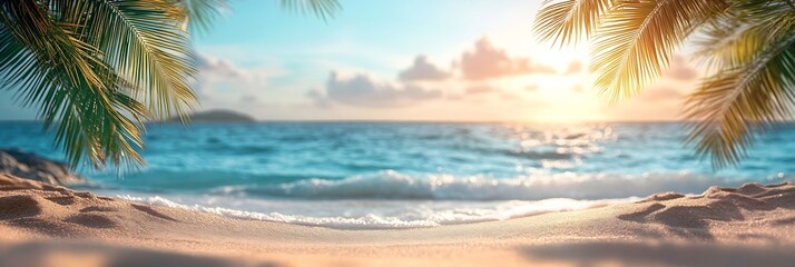 Fototapete - Tropical Beach Paradise with White Sand Turquoise Water and Palm Trees Summer Vacation Destination Coastal Serenity Photography : Generative AI