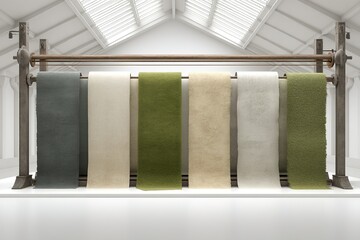 Poster - Fabric rolls displayed in a bright, modern textile workshop during daylight hours