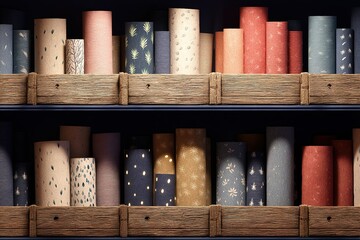Poster - Decorative paper rolls displayed on rustic wooden shelves in a craft store
