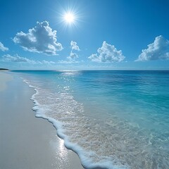 Aufkleber - Turquoise Ocean and White Sand Beach with Blue Sky Vacation Paradise Coastal Landscape Tropical Waters : Generative AI