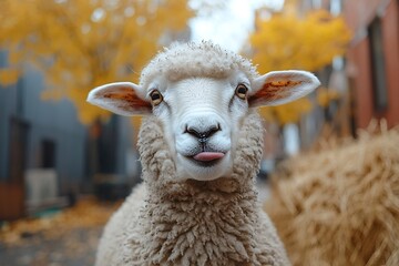 Poster - Adorable Sheep Portrait with Tongue Out Funny Animal Close Up Farm Animal Photography Cute and Playful Expression : Generative AI