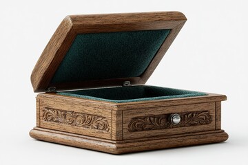 Poster - Wooden jewelry box with intricate carvings and velvet lining displayed against a neutral background