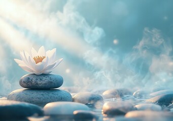 Aufkleber - Serene Spa Scene Lotus Flower on Stacked Stones with Soft Lighting for Wellness and Relaxation Concepts : Generative AI