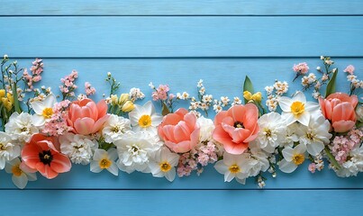 Aufkleber - Spring Floral Arrangement on Light Blue Wood Background Easter Tulips Daffodils and Cherry Blossoms Top View : Generative AI