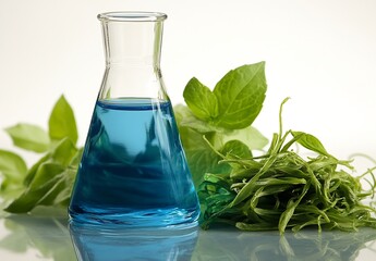 Poster - Blue Liquid in Lab Beaker with Green Plants Shows Science and Herbal Medicine Integration Concept in Bright Studio Light : Generative AI