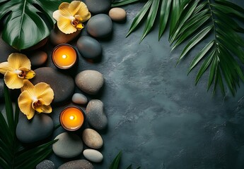 Aufkleber - Dark Spa Backdrop with Yellow Orchids Candles Palm Leaves and Stones Serene Wellness Luxury Relaxation Meditation Beauty : Generative AI