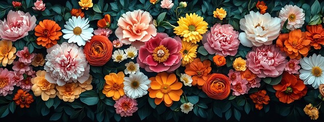 Aufkleber - Colorful Floral Arrangement with Peonies and Daisies on Dark Backdrop for Spring or Wedding Themes Nature Art : Generative AI