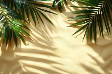 Aufkleber - Tropical Palm Leaves Shadows on Sandy Beach Relaxing Summer Vacation Vibes Nature Background Coastal Paradise Exotic Holiday Scene : Generative AI