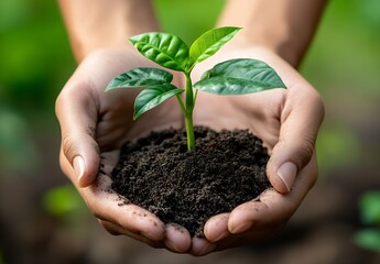 Poster - Hands Nurturing Young Plant Sprout in Soil Symbol of New Life Growth and Environmental Care for a Sustainable Future : Generative AI