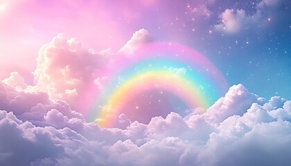 Poster - Dreamy pastel rainbow arching through fluffy clouds under a cosmic starry sky : Generative AI