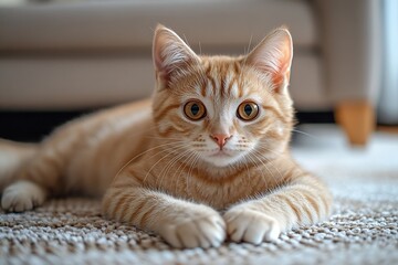 Poster - Adorable Ginger Tabby Kitten Lying on a Carpet Looking at Camera with Big Eyes in a Cozy Setting : Generative AI