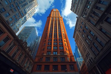 Poster - Historic Skyscraper Rising Above City Buildings Under Blue Sky with Clouds for Architectural Grandeur : Generative AI