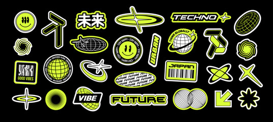Poster - Y2k logotypes and emblems in cyberpunk style for clothes print design set 2. Vintage futuristic japanes stickers set in Techno Rave style. Retro Asian 90s - 2000s apparel signs and pins