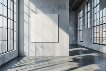 Poster - Minimalist Interior with Concrete Walls Blank Canvas and Large Windows Sunlight Streaming Through Empty Space Loft Apartment : Generative AI