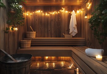 Aufkleber - Tranquil sauna setting surrounded by greenery and soothing lighting for a spa experience : Generative AI